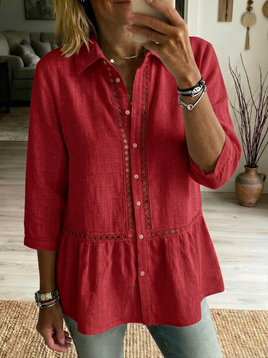 NEW🔥Women's Casual Patchwork Openwork Webbing Linen And Cotton Shirt