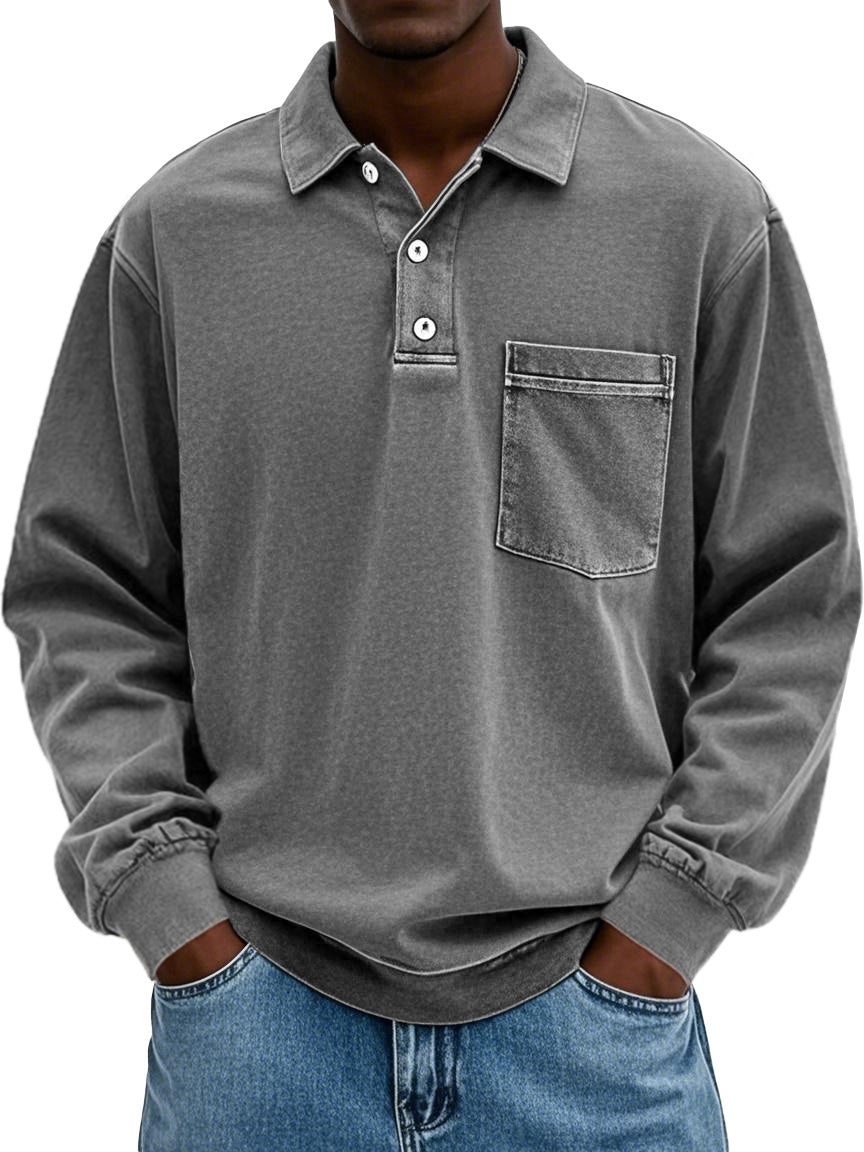 Men's Stylish Vintage Distressed Pocket Lapel Long-sleeved Polo Shirt