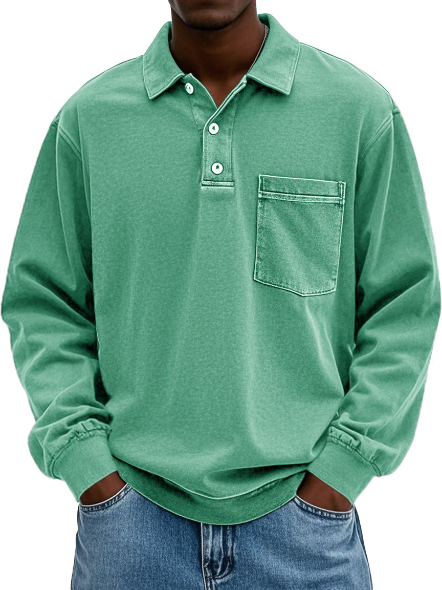 Men's Stylish Vintage Distressed Pocket Lapel Long-sleeved Polo Shirt