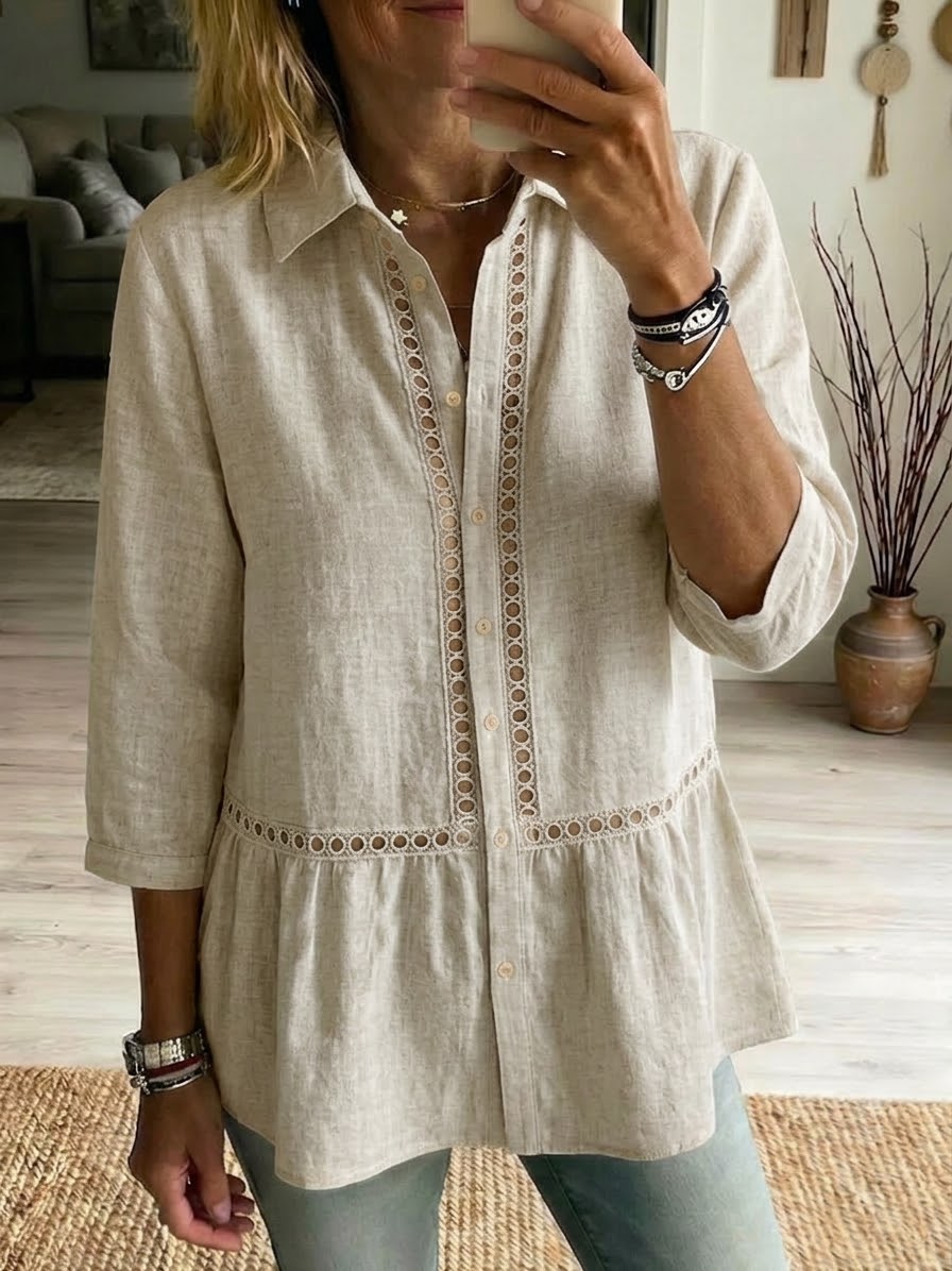 NEW🔥Women's Casual Patchwork Openwork Webbing Linen And Cotton Shirt