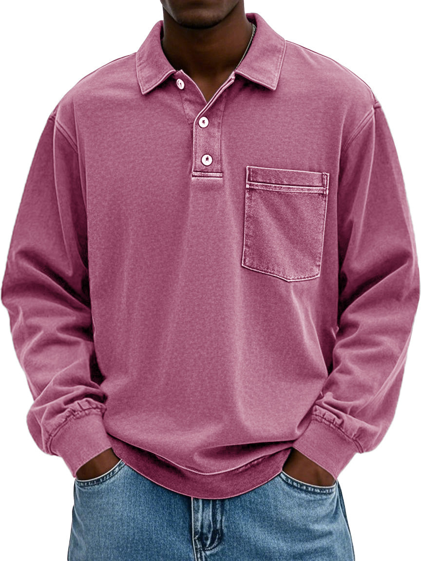 Men's Stylish Vintage Distressed Pocket Lapel Long-sleeved Polo Shirt