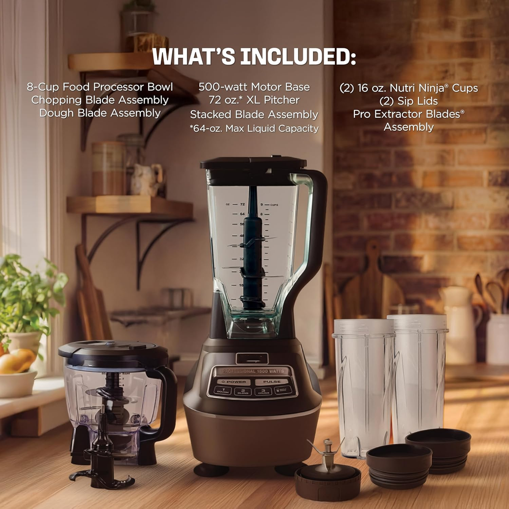 BL770 Mega Kitchen System, 1500W, 4 Functions for Smoothies, Processing, Dough, Drinks & More, with 72 Blender Pitcher, 64 Processor Bowl, (2) 16-oz. to-Go, with 2 Nutri Cups + Lids