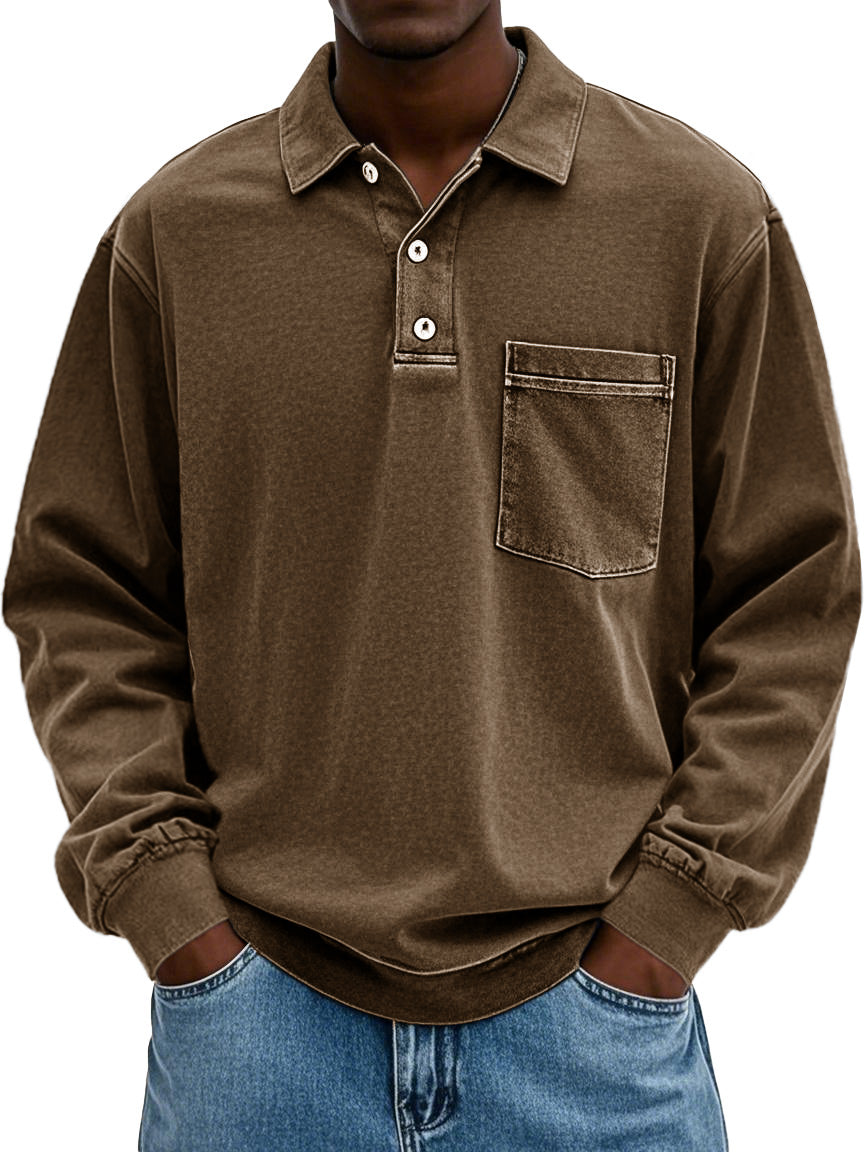 Men's Stylish Vintage Distressed Pocket Lapel Long-sleeved Polo Shirt