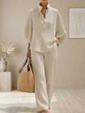 New Arrivals🔥Women's Waffle Two-Piece Set-Casual Shirt & Wide Leg Pants Outfit