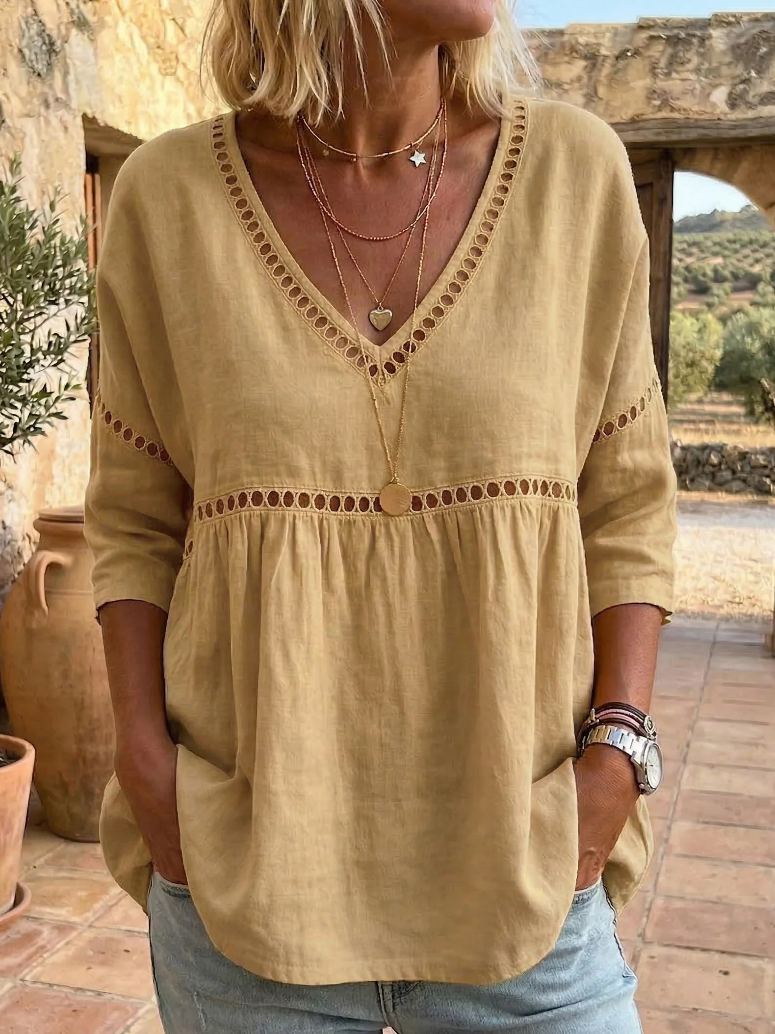 🌿Women's Cozy Hollow-out Patchwork V-neck Linen-cotton Blouse