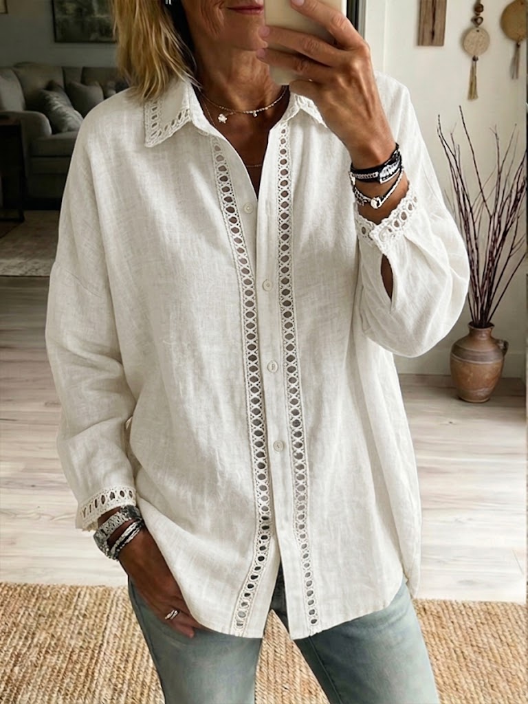 NEW🔥Women's Casual Long-sleeve Linen-cotton Shirt With Spliced cutout Webbing